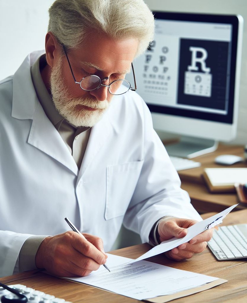 opthalmologue redige une ordonnance de lunette